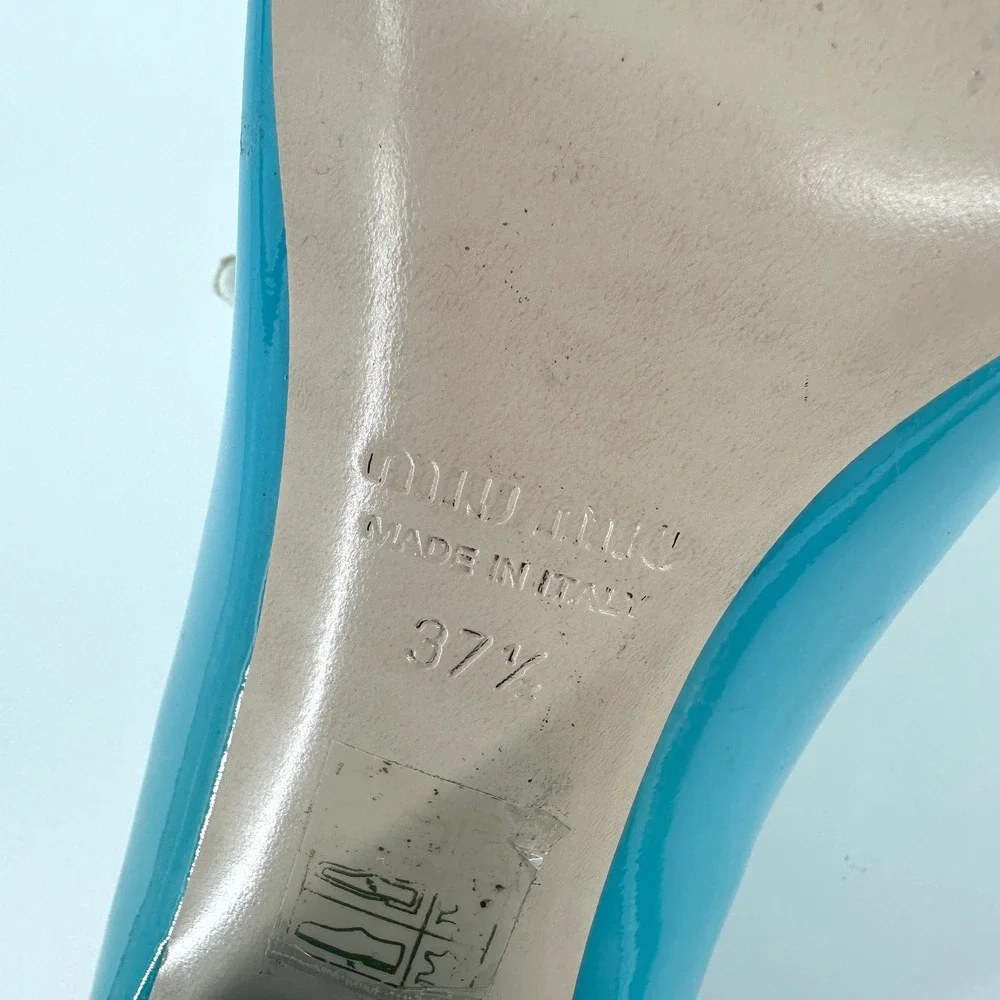 Miu Miu FW2015 Blue Patent Leather Multi-Strap Block Heel Pumps Size 37.5
